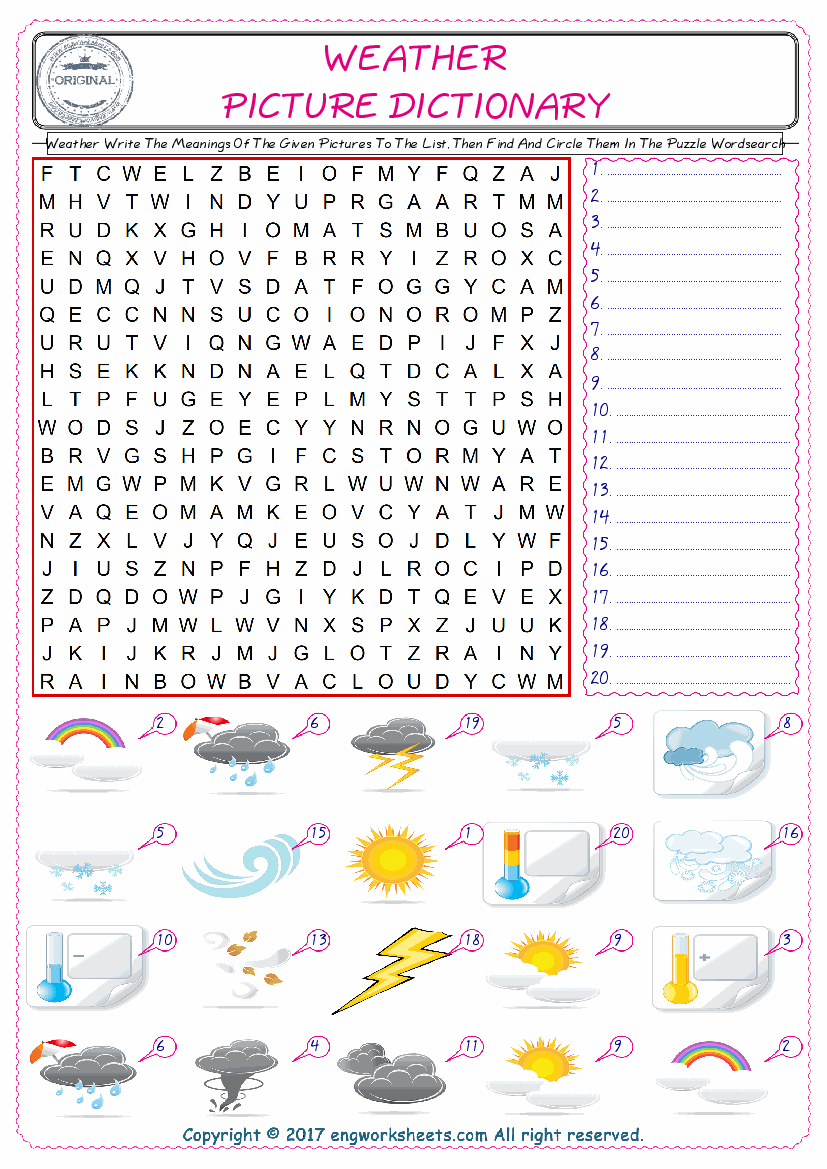  For kids, check the picture of Weather find, and write the word and find it in the word puzzle ESL printable worksheet. 